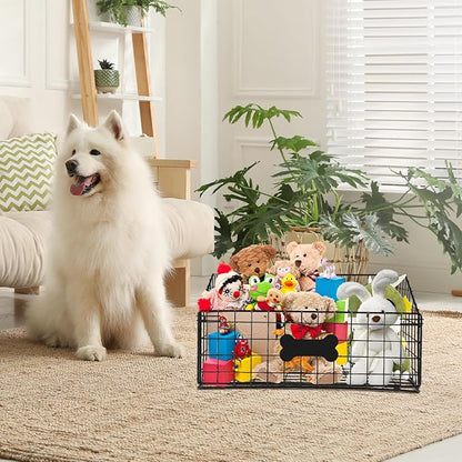 Geyecete Toy box for dogs large Dog Toy organizer Pet wire folding basket dog toy container dog toy box -Can be Personalized-Cat and Puppy-Black