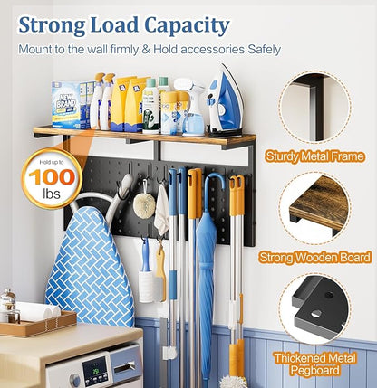 Ironing Board Hanger Wall Mount, Large Storage Iron and Ironing Board Holder, Laundry Room Storage Shelves with Ironing Board Broom Mop Holder, Laundry Accessories Organization and Storage Organizer