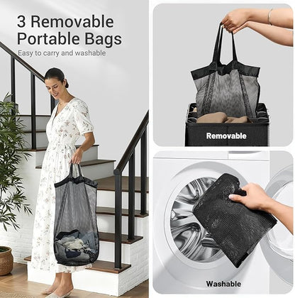185L Laundry Hamper 3 Section with Lid, Navy Blue 3 Compartment Laundry hamper with 3 Removable Laundry Bags, Large Laundry Basket for Bedroom, Laundry Room, Dorm,