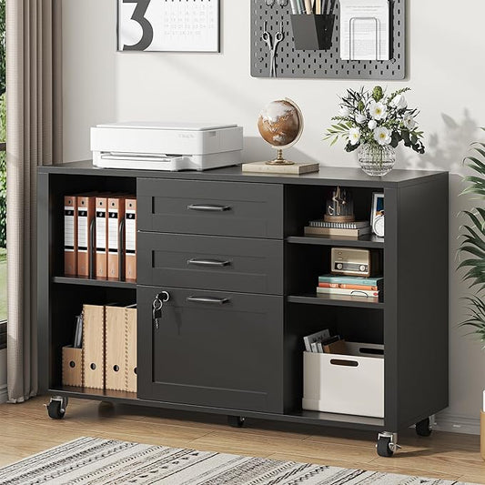 3 Drawer Wood Mobile Large lateral File Cabinet with Lock, Lockable Rolling Filing Cabinet with Open Storage Shelves, Printer Stand Office Storage for Home Office Fits Files Legal/A4, Black