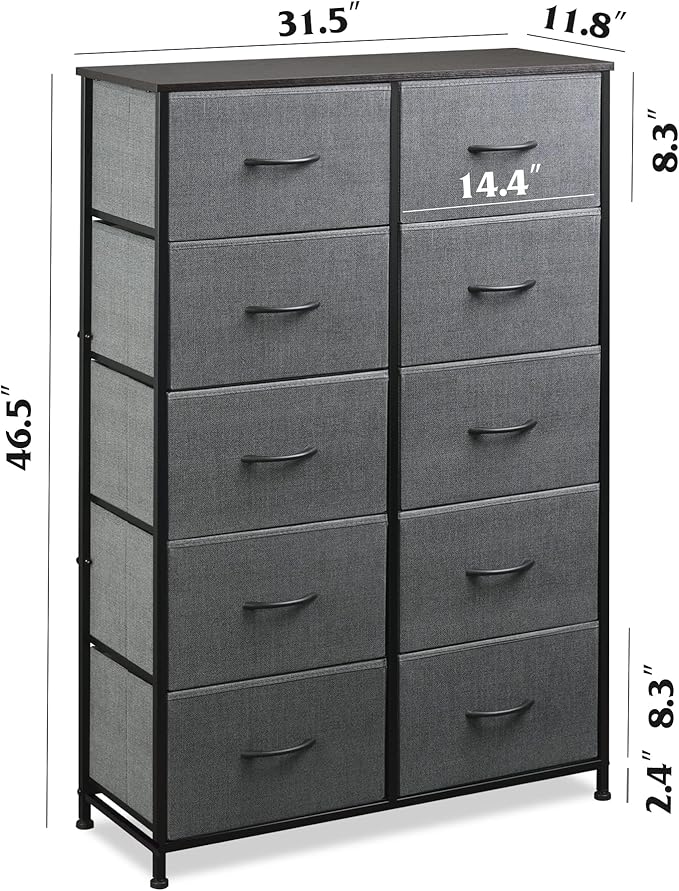WLIVE Fabric Dresser for Bedroom, Tall Dresser with 10 Drawers, Clothes Dresser, Chest of Drawers for Closet, Living Room, Hallway, Dark Gray