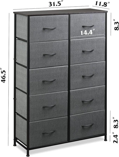 WLIVE Fabric Dresser for Bedroom, Tall Dresser with 10 Drawers, Clothes Dresser, Chest of Drawers for Closet, Living Room, Hallway, Dark Gray