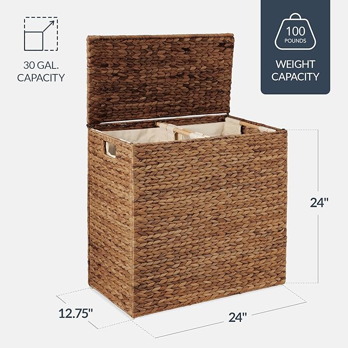 Best Choice Products Large Double Laundry Hamper with Lid, Natural Handwoven Water Hyacinth, 2 Sections w/ 2 Machine Washable Linen Liner Bags, Portable, Handles - Chestnut