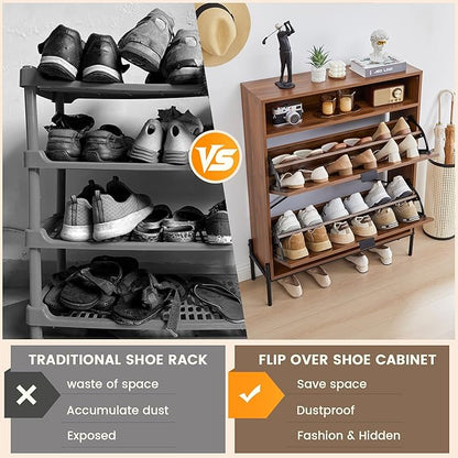 Fluted Shoe Cabinet with 2 Flip Drawers, Narrow Shoes Storage Organizer Rack with Circle Design Panel for Entryway Hallway (Walnut)