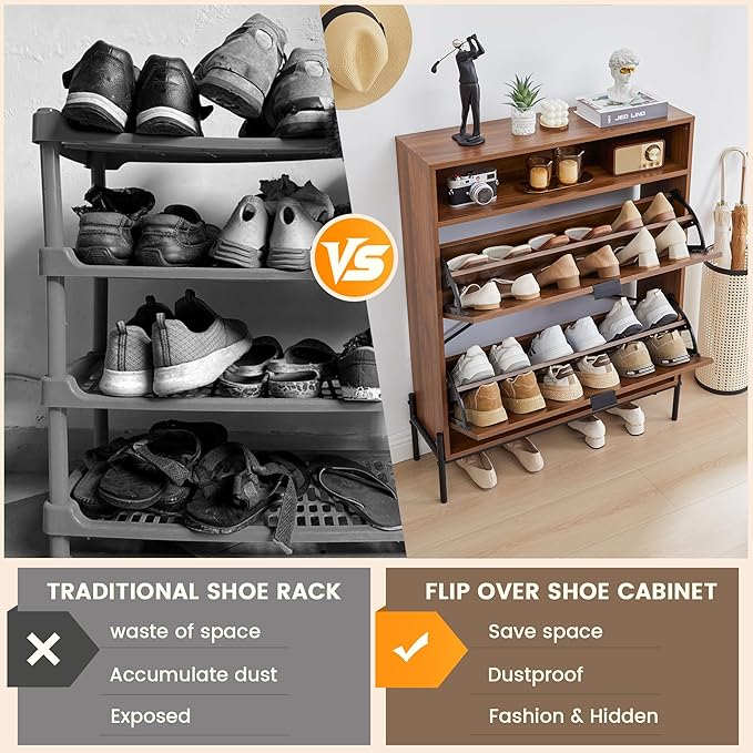 Fluted Shoe Cabinet with 2 Flip Drawers, Slim Freestanding Hidden Shoe Cabinet Organizer, Narrow Shoes Storage Rack for Entryway (All Walnut-2 Drawers, 9.45" D x 31.5" W x 41.93" H)