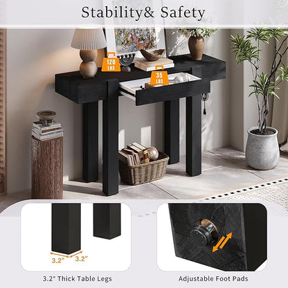 47.2" Rustic Minimalist Console Table with Hidden Drawer,Side Power Outlet,Wood Entryway Table for Entryways,Living Room,Home Office,Black
