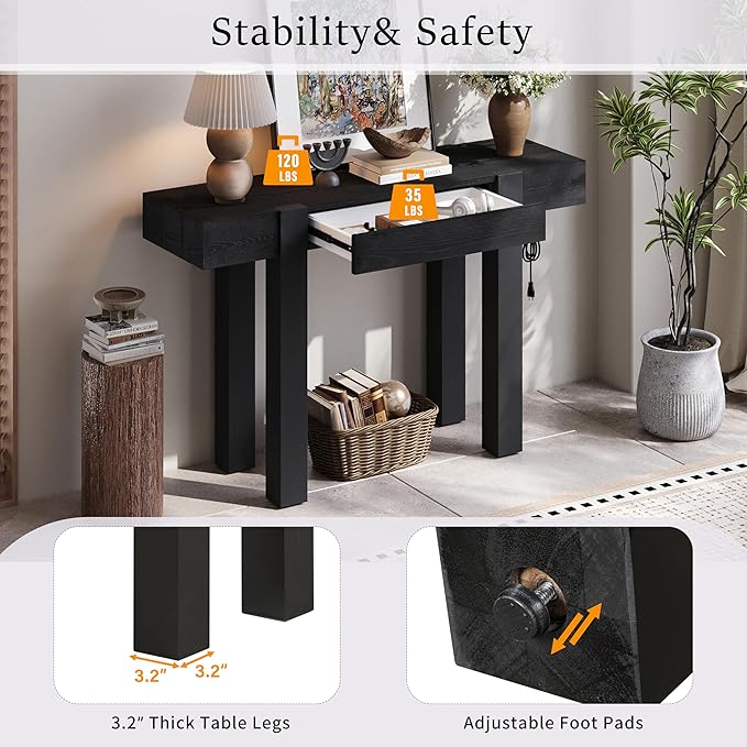 Rustic Minimalist Console Table with Hidden Drawer, Side Power Outlet,Hallway Table for Entryways Living Rooms Home Offices (Black#USB)