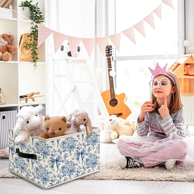 Blue and White Floral Bow Storage Bin Box with Handles, French Country Toile de Jouy Flower Foldable Organizer Basket Toybox for Girls Dorm Bedroom Bathroom Clothes Toys Books