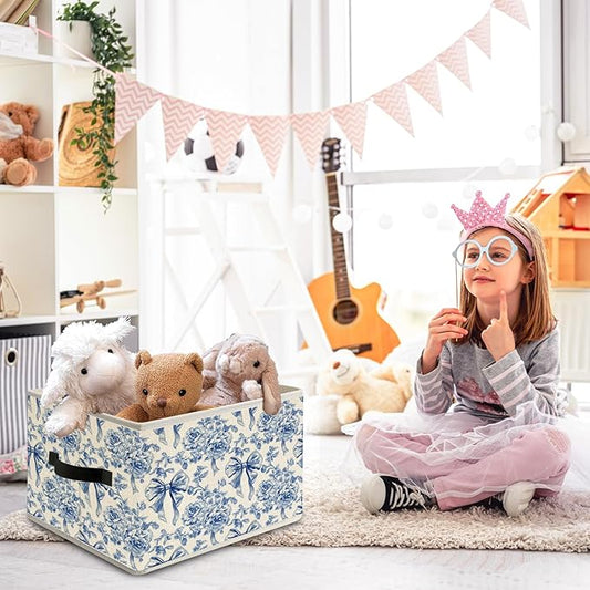 Blue and White Floral Bow Storage Bin Box with Handles, French Country Toile de Jouy Flower Foldable Organizer Basket Toybox for Girls Dorm Bedroom Bathroom Clothes Toys Books