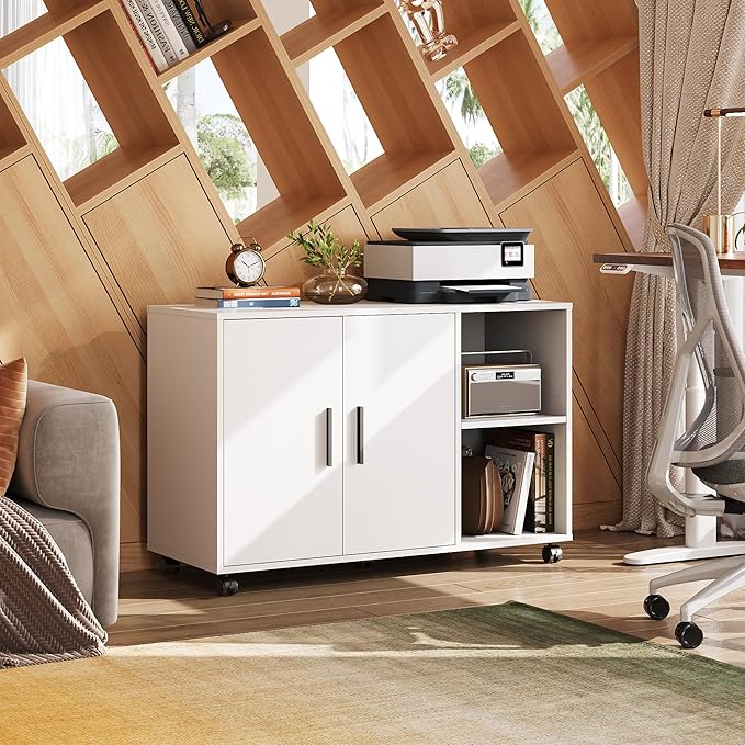 DEVAISE Office Storage Cabinet with Doors and Shelves, Lateral Printer Stand for Office Supplies and File Storage, Filing Cabinet for Home Office, White