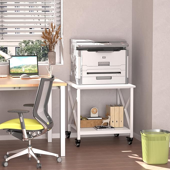 Printer Stand, 23.6 x 23.6 Inches Large Printer Stand with Storage Shelf, 2 Tier Printer Table for Home Office, Rolling Printer Cart with Industrial Wheels, Mini Fridge Stand Table, White