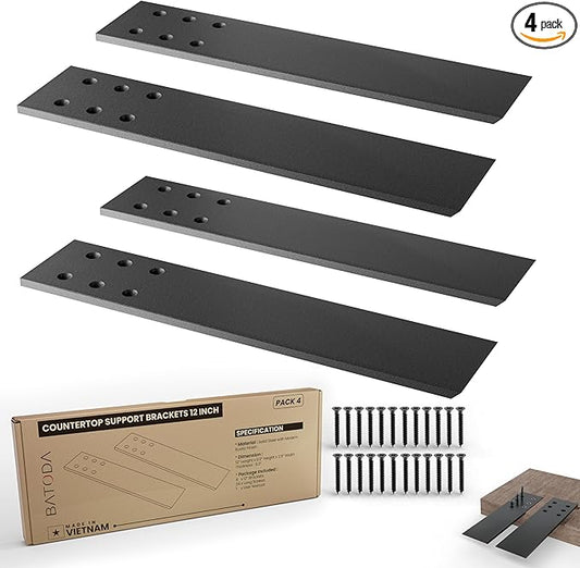 BATODA 12" Countertop Support Brackets (4 pcs) for Granite - Heavy Duty L Shelf Bracket - Wall Mounted Support for DIY Open Shelving – Knee Wall Support - Mounting Hardware Included ( Pack 4 )