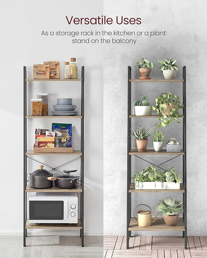 VASAGLE Ladder Shelf, 5-Tier Bookshelf, Storage Rack, Bookcase with Steel Frame, for Living Room, Home Office, Kitchen, Bedroom, Industrial Style, Camel Brown and Ink Black ULLS045B50