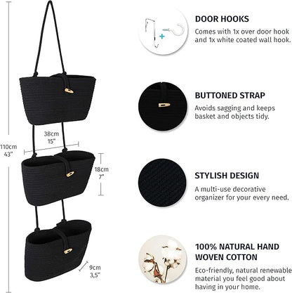 OrganiHaus Black Hanging Wall Baskets for Storage | Hanging Baskets for Bathroom Organizing | Behind Door Storage | Over the Door Basket | Nursery Storage Basket | Wall Hanging Basket for Organizing