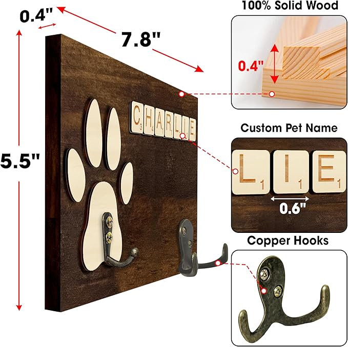 Dog Leash Holder Wall Mount, Pet Harness Hanger with Scrabble Letters, Dog Collar Organizer for Entryway, Cat Leash Key Holder for Wall, Pet Memorial Loss Gifts, Keepsake, Home Decor PF218-W