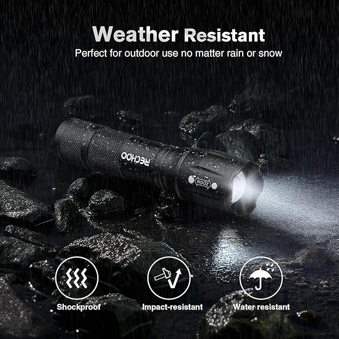 RECHOO 4Pack LED Flashlight, Bright Small Flashlights High Lumens with 3 Modes, Pocket Mini Flashlight Battery Powered, Flash Light Adjustable Focus, Waterproof Flashlights for Home Emergency Camping