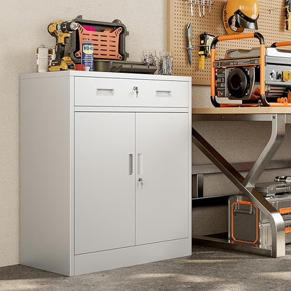 BESFUR Metal Storage Cabinet, Garage Storage Cabinet with One Drawer and Adjustable Shelf, Locking Short Storage Cabinet for Office Garage Home, White Metal Cabinets(36" H x 27.5" W x 16" D)