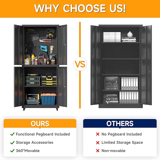 Metal Cabinet with Wheels,72.8" H Rolling Tool Storage Cabinet with Locking Doors and Adjustable Shelves,Garage Organization Cabinets,Lockable Storage Cabinet on Wheels for Garage,Warehouse (Black)