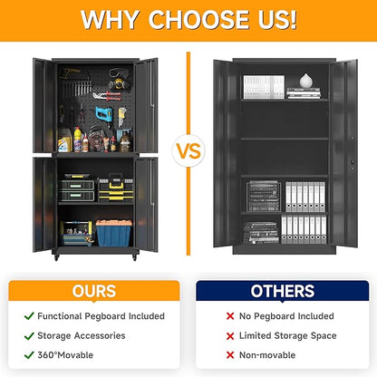 Metal Cabinet with Wheels,72.8" H Rolling Tool Storage Cabinet with Locking Doors and Adjustable Shelves,Garage Organization Cabinets,Lockable Storage Cabinet on Wheels for Garage,Warehouse (Black)