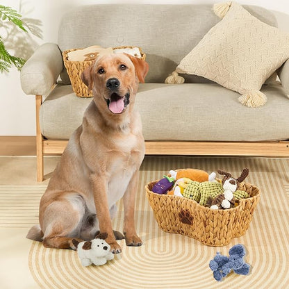 FairyHaus Wicker Dog Toy Basket Organizer, Large Bone Shape Bin with Dog Paw Decor, Natural Water Hyacinth Box for Pet Chew Toys, Blankets, Treats