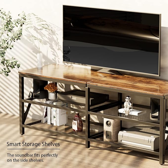 TV Stand for TVs up to 65 Inch, 55" Long Industrial TV Console Table with 3-Tier Storage Shelves, Entertainment Center for Living Room, Bedroom (Brown)