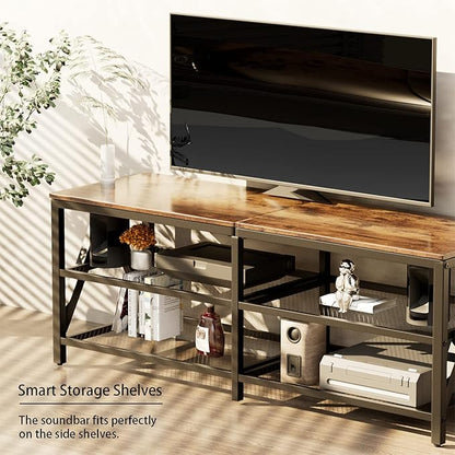 TV Stand for TVs up to 65 Inch, 55" Long Industrial TV Console Table with 3-Tier Storage Shelves, Entertainment Center for Living Room, Bedroom (Brown)