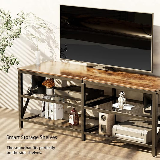 TV Stand for TVs up to 65 Inch, 55" Long Industrial TV Console Table with 3-Tier Storage Shelves, Entertainment Center for Living Room, Bedroom (Brown)