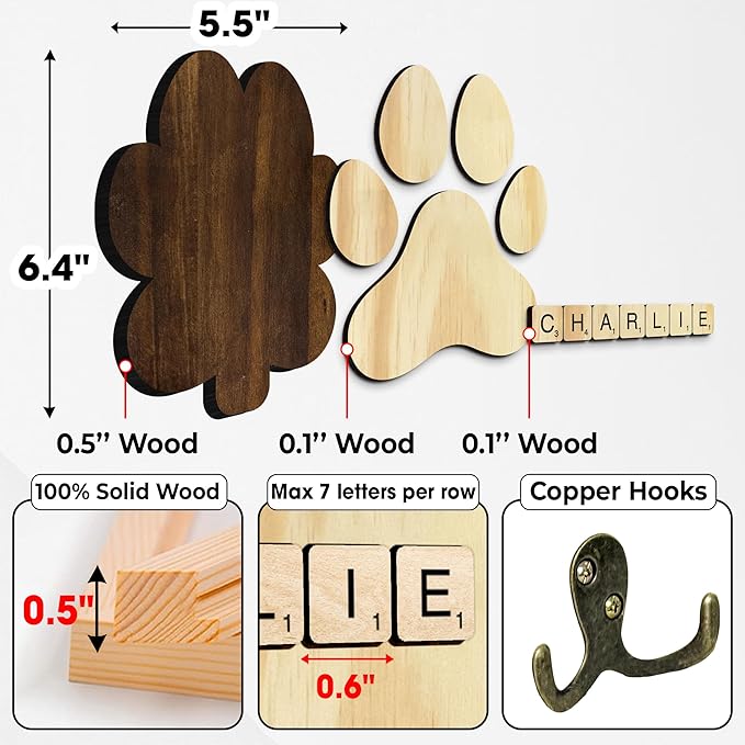 Dog Leash Holder for Wall Mount with Scrabble Letters, Wooden Paw Print Wall Hook, Pet Collar and Harness Organizer for Entryway, Key Hook Gift for Pet Lovers & Dog Owners, Home Decor PF283