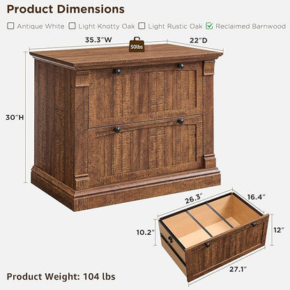 OKD Farmhouse File Cabinet with 2 Drawers, 35.3" Lateral Filing Cabinet with Hanging File Folders, Interlocking Drawers, Wood Rustic Storage Cabinet for Home Office, Living Room, Reclaimed Barnwood