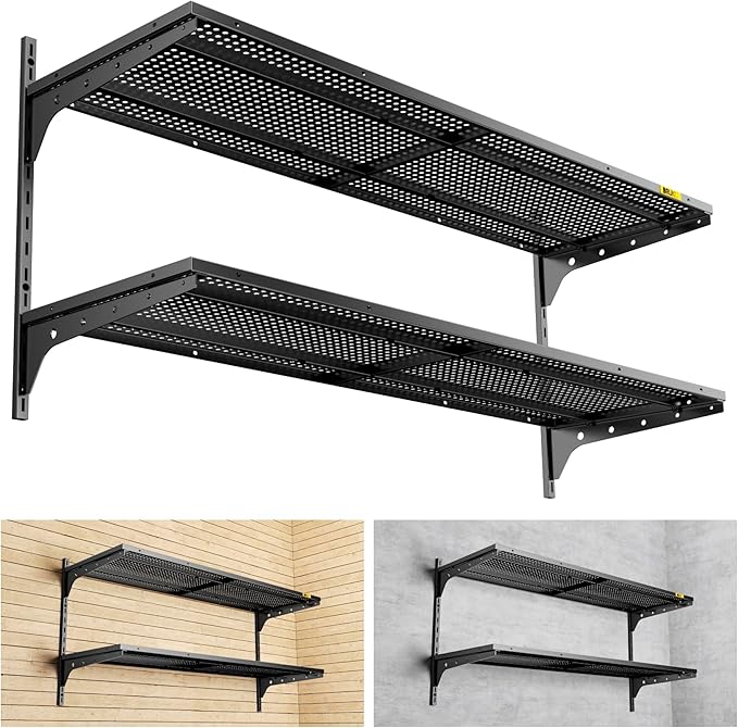 2 Tier 1.3x4ft Garage Shelving Wall Mounted, 15.6x48inch per Shelf Height Cassette Adjustable Floating Shelves(Black)