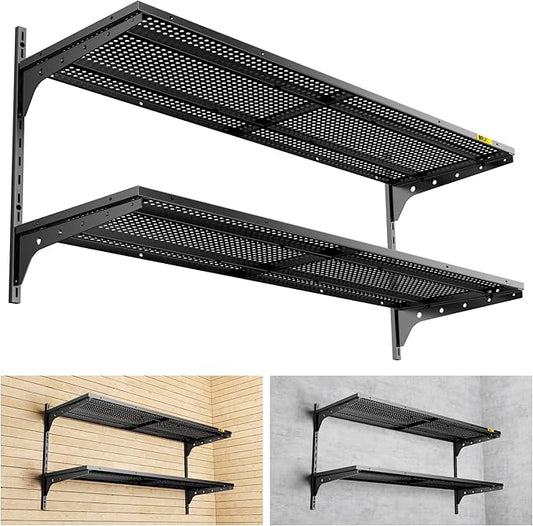 2 Tier 1.3x4ft Garage Shelving Wall Mounted, 15.6x48inch per Shelf Height Cassette Adjustable Floating Shelves(Black)