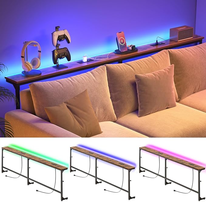 YGEOMER 79in Behind Couch Table Adjustable Height Sofa Table with Charge Station Narrow Console Table with LED Lights, Rustic Brown