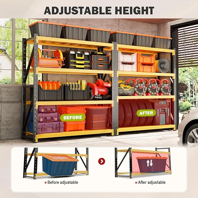 5000lbs Garage Shelving Heavy Duty, 4-Tier Metal Adjustable Garage Shelves, Storage Shelves for Warehouse, Pantry, Basement, 59" W X 24" D X 79" H (Black+Yellow, 59x24x79)