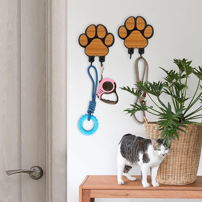 2pcs Dog Leash Holder for Wall Mount Hanger Hook,Farmhouse Wooden Dog Paws Key Rack Accessories for Rustic Home Decor