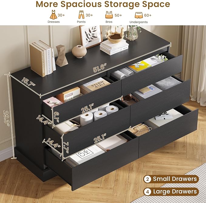 DICTAC 6 Drawers Dresser for Bedroom, Black Modern Chest of Drawers, Storage Tower Clothes Organizer Closet, Long Double Dresser with No Handle Drawers, Dimensions 51.6''L x 15.7''D x 29.3''H