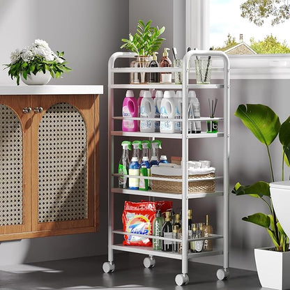 Slim Storage Cart, 4-Tier Small Rolling Cart with Wheels, 9.1" Deep, Narrow Bathroom Shelf Trolley for Kitchen, Bathroom, Laundry Room, White Large 4-Tier (9.1" W x 33.6" H)