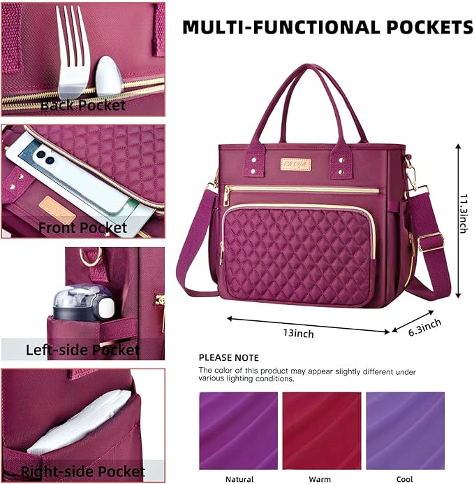 EASYA Large Lunch Bags for Work Insulated/Insulated Adult Lunch Box for Women/Durable Nylon Thermal Lunch Bag for Women/Leakproof Cooler Lunch Tote Bag with Storage Pocket (Burgundy Red)