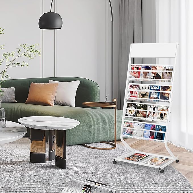 4-Tier Rolling Magazine Rack, Floor Standing Brochure & Literature Display Stand, 23.4" Wide, White