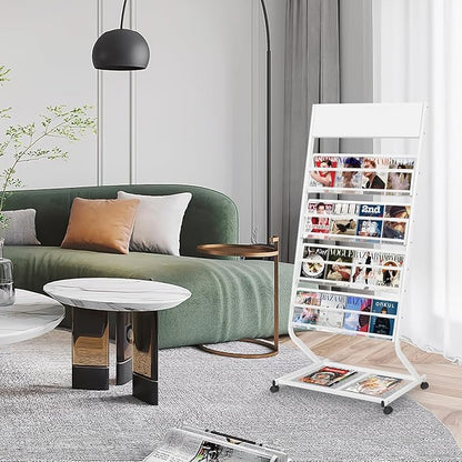 4-Tier Rolling Magazine Rack, Floor Standing Brochure & Literature Display Stand, 23.4" Wide, White