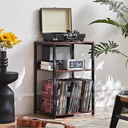 LELELINKY Walnut Oak 18" Wide End Table,3 Tier Large Record Player Stand with Storage Up to 130 Albums,Modern Turntable Stand, Records Vinyl Shelf for Living Room, Bedroom, Printer Desk for Home Office