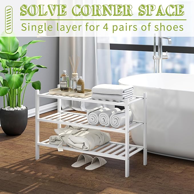 BMOSU 3-Tier Bamboo Shoe Rack Premium Stackable Shoe Shelf Storage Organizer for Hallway Closet Living Room Entryway Organizer(White Bamboo)