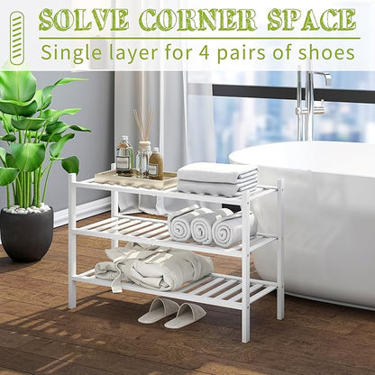 BMOSU 3-Tier Bamboo Shoe Rack Premium Stackable Shoe Shelf Storage Organizer for Hallway Closet Living Room Entryway Organizer(White Bamboo)