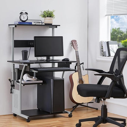 Yaheetech Mobile Home Office Desk with Power Outlet and 2 USB Charging Ports for Studying, 3 Tiers Computer Desk with Keyboard Tray and Charging Station, Rolling PC Laptop Table for Small Space, Black