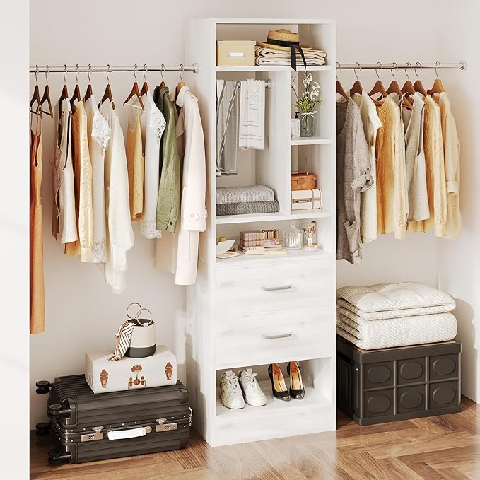 COTUBLR Closet System, 48" W - 105” W Closet Organizer with 24” Tower and 2 Extendable Hanging Rods, Walk-in Wardrobe Garment Rack with 2 Wooden Drawers and 6 Shelves, Fit up to 600 LBS (White Oak)