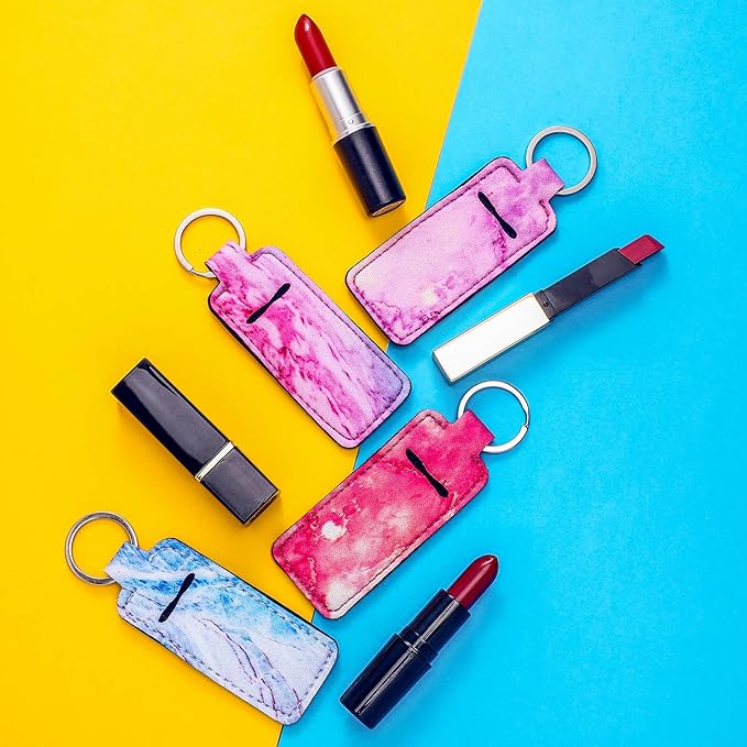 Blulu 10 Pieces Lipstick Holder Keychain Set - Clip-on Sleeve Pouch With Marble Pattern for Travel Accessories, 10 Colors