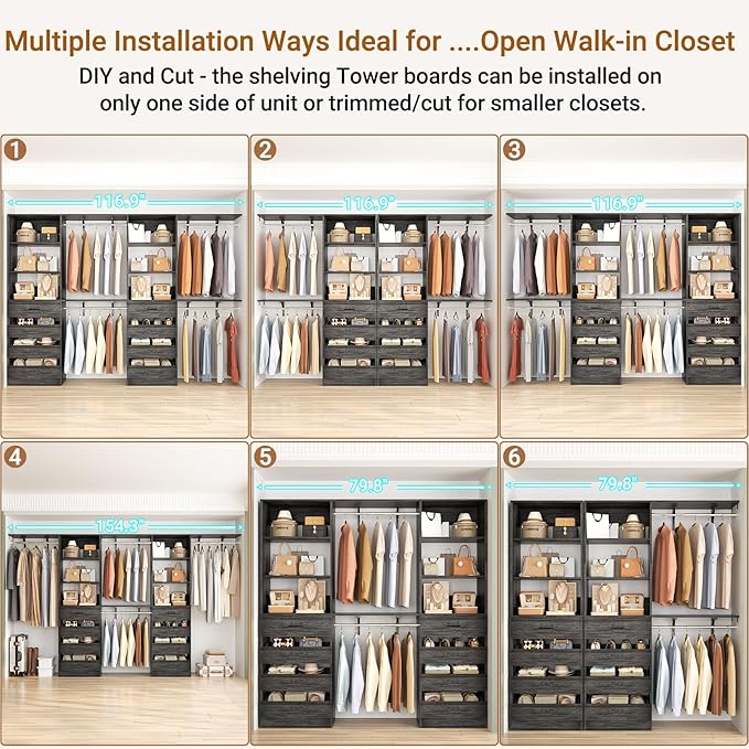 Aheaplus Closet System with 8 Wooden Drawers, Wood Closet Organizer System with Tower, Walk-in Closet Organizer Wardrobe Clothes Rack with 4 Hanging Rods, Garment Rack, Cut to Fit 7-12Ft, Black Oak1