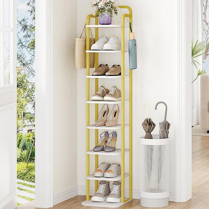 8 Tiers Vertical Shoe Rack, Narrow Shoe Tower, Tall Shoes Shelf with 2 Hooks, Adjustable Shelves, Corner Shoes Shelves for Small Spaces, Entryway, Living Room, White Gold SR04313A