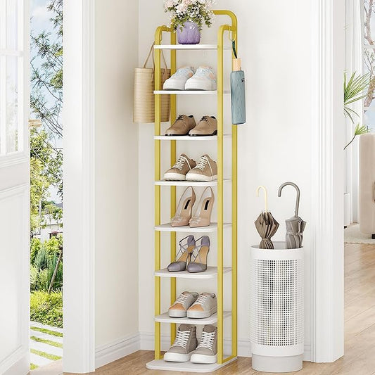 8 Tiers Vertical Shoe Rack, Narrow Shoe Tower, Tall Shoes Shelf with 2 Hooks, Adjustable Shelves, Corner Shoes Shelves for Small Spaces, Entryway, Living Room, White Gold SR04313A