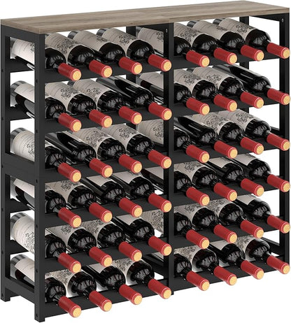 6 Tier Bamboo Wine Rack Freestanding Floor, 48 Bottles Wine Storage Shelves with Table Top, Stackable Wine Display Rack for Kitchen, Bar, Dining Room (Ivory White and Black, 48 Bottles)