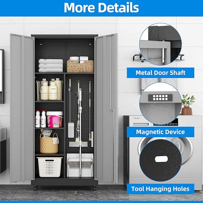Garage Storage Cabinet with 4 Wheels,Lockable Tool Cabinets with Pegboard and 4 Adjustable Shelves,71" H Broom Closet Cabinets for Utility Room,Workshop